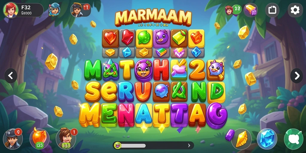 Tangkapan layar F32 menunjukkan gameplay Match-3 yang dinamis dan penuh warna.