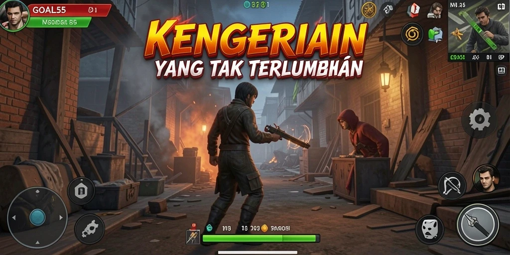 Screenshot menampilkan adegan menegangkan dalam GOAL55 di tengah kegelapan.