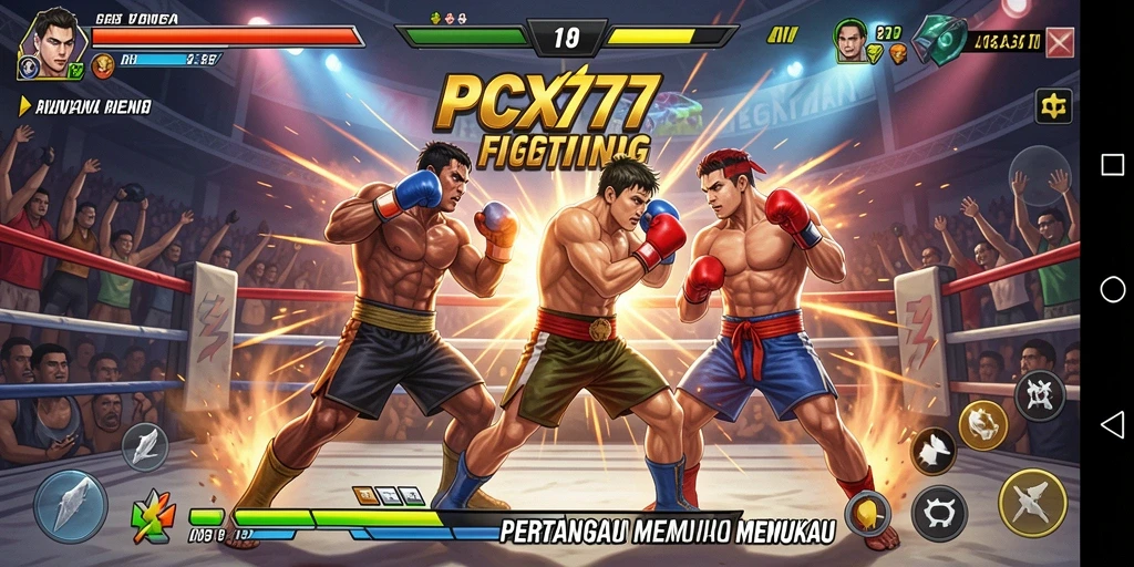 Screenshot utama PCX777 menunjukkan pertarungan intens antara dua karakter dengan efek visual yang mengesankan.