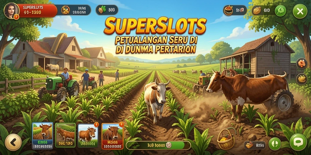 Screenshot gameplay SUPERSLOTS menampilkan keindahan ladang dan aktivitas pertanian.